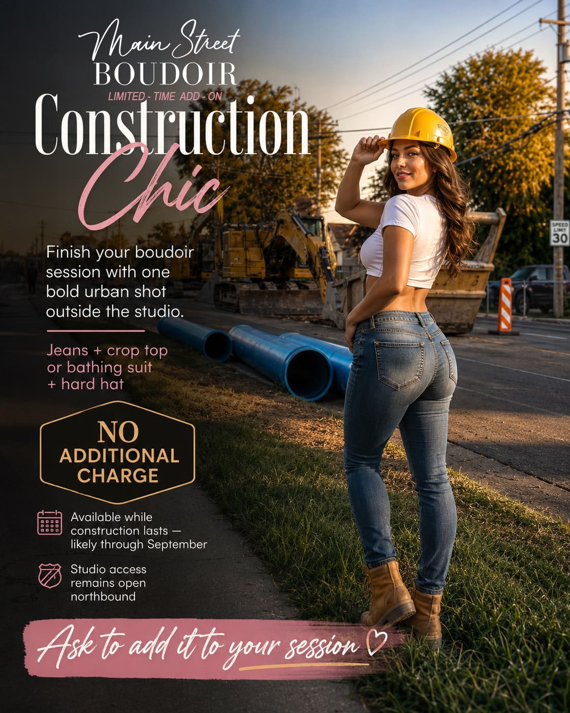 Victoria Lynn's Construction Chic boudoir photography experience featuring a client posing near a construction backdrop outside Main Street Boudoir studio